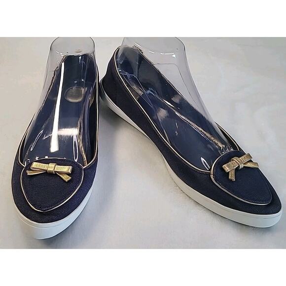Tory Burch Dakota Flats Navy Canvas w/ Gold Bow Size 8M Preppy Chic - Picture 1 of 11